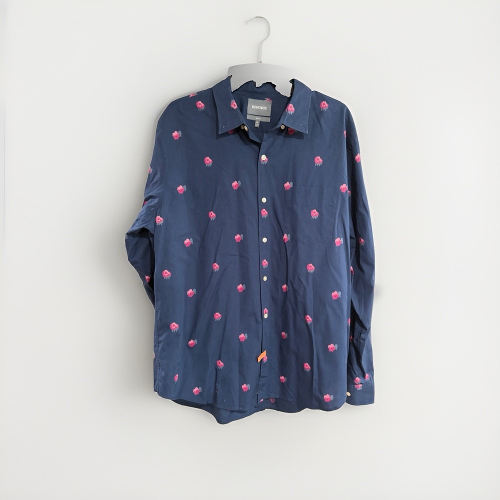 Bonobos Men's XL Slim Fit Navy Pink Floral Long Sleeve Button Down Shirt F179